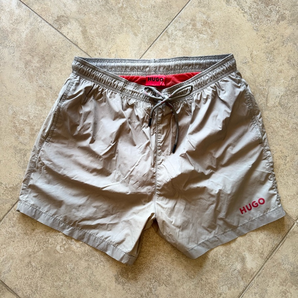 Hugo Boss Tan Swim Trunks with Red Accents